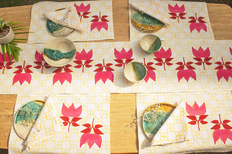 earthan-table-linen-set-hand-block-printing-gulabi-bougainvillea