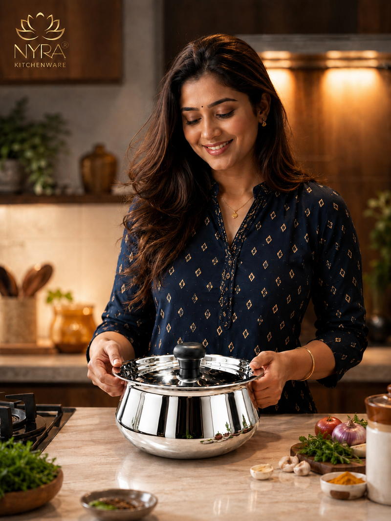 nyra-kitchenware-stainless-steel-serving-handi-with-lid-glossy-mirror-finish-serving-pot-curry-gravy-dal-sabzi-rice-biryani-serving-bowl-easy-grip-knob