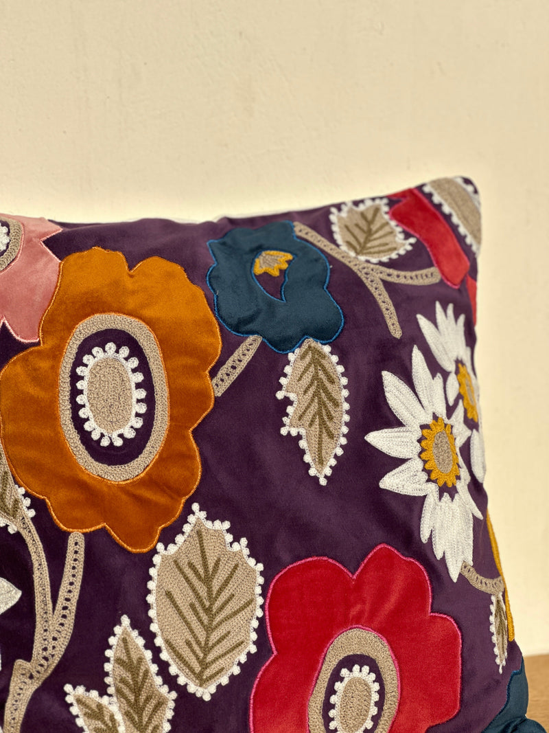 Nurture India Velvet Cushion Cover Applique Embroidery 16x 16-Inch