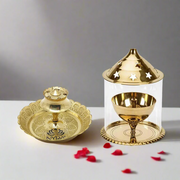 Brass Akhand Jyoti Diya with Borosiliate Glass Cover and Agarbatti stand Set/Combo – Drinking Tumbler