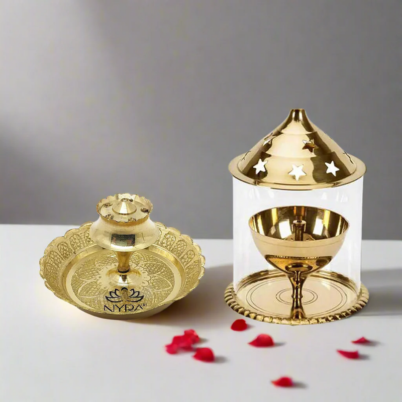 Brass Akhand Jyoti Diya with Borosiliate Glass Cover and Agarbatti stand Set/Combo – Drinking Tumbler