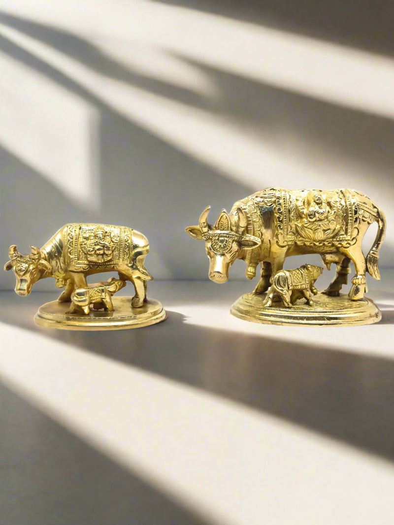Pure Brass Kamdhenu Cow & Calf Idol – Brass Hindu Idol
