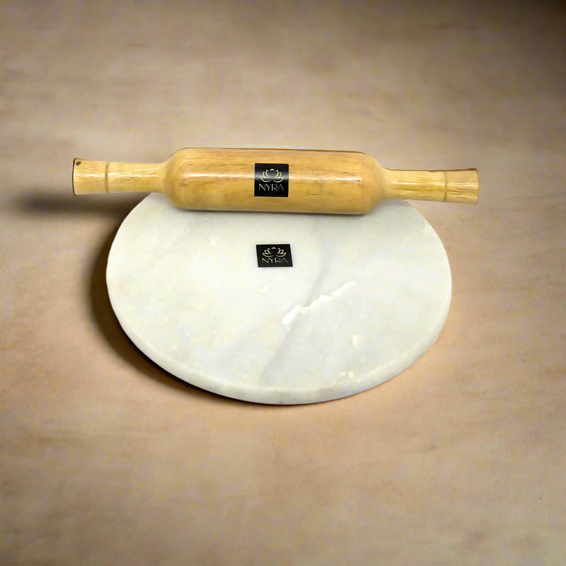 White Marble Chakla with Wooden Belan – Kitchen Utensil