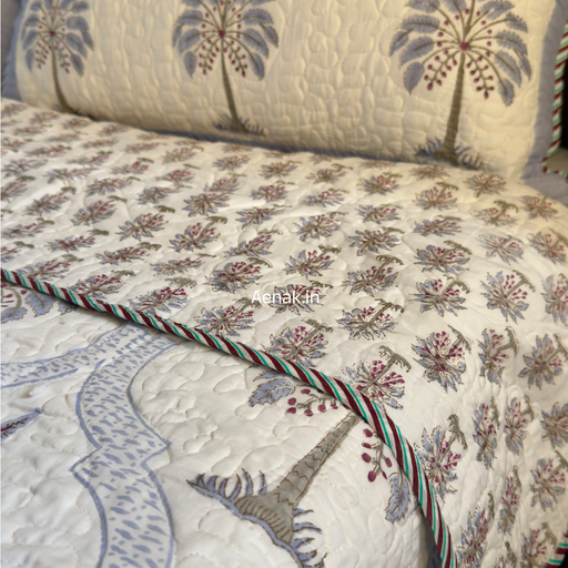 aenak-blue-palm-jaal-handblock-bedsheet-quilted-bedcover-combo-set