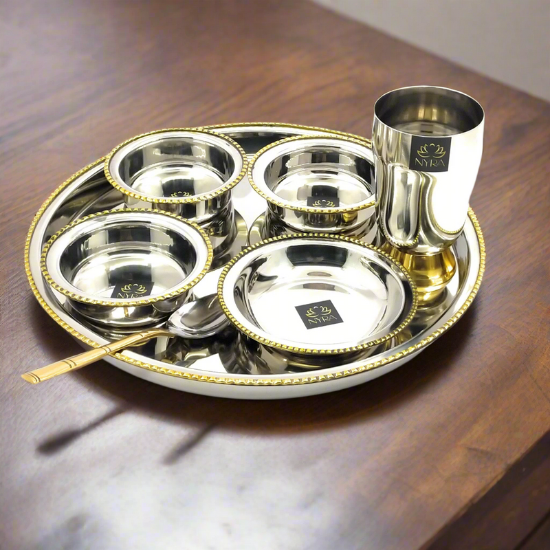 Stainless-Steel Two-Tone Thali Set with Brass detailing – Kitchen Utensil