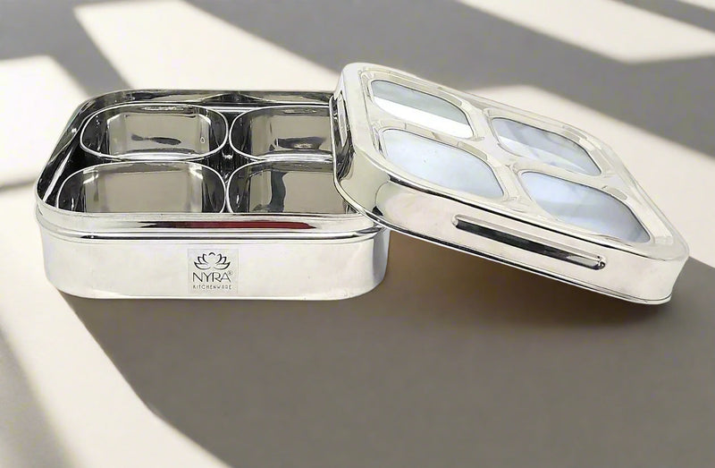 Stainless Steel 4-Compartment Dry Fruit Box with See-Through Lid – Kitchen Utensil