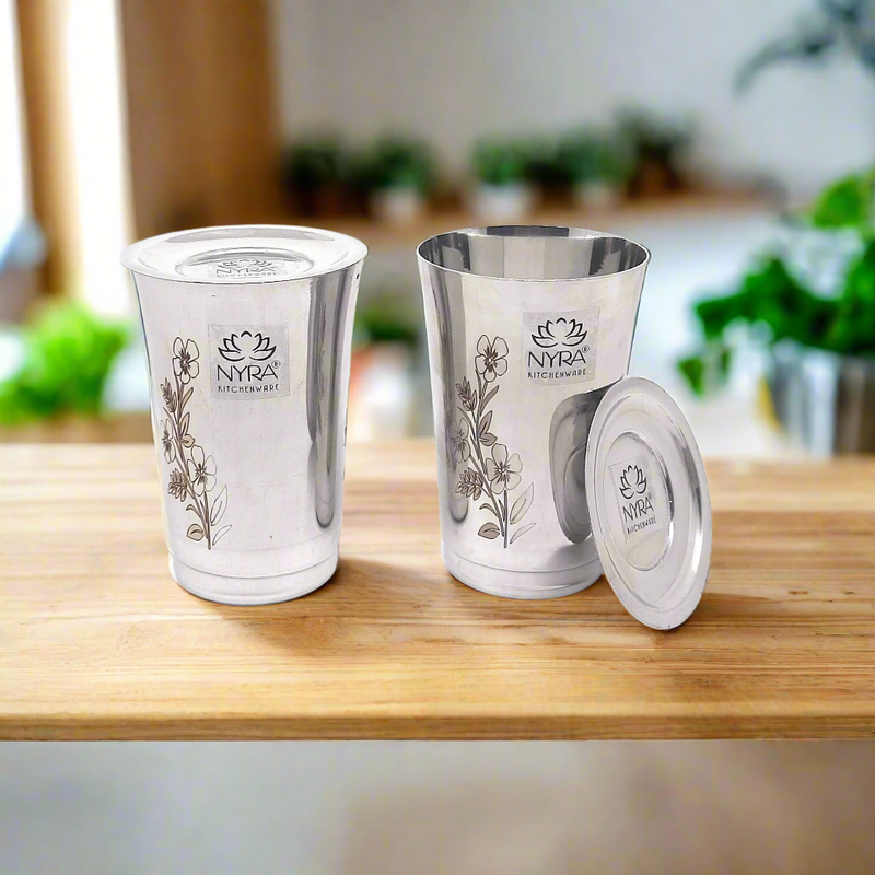 Premium Stainless Steel Floral Print Glass Set with Lid – Drinking Tumbler