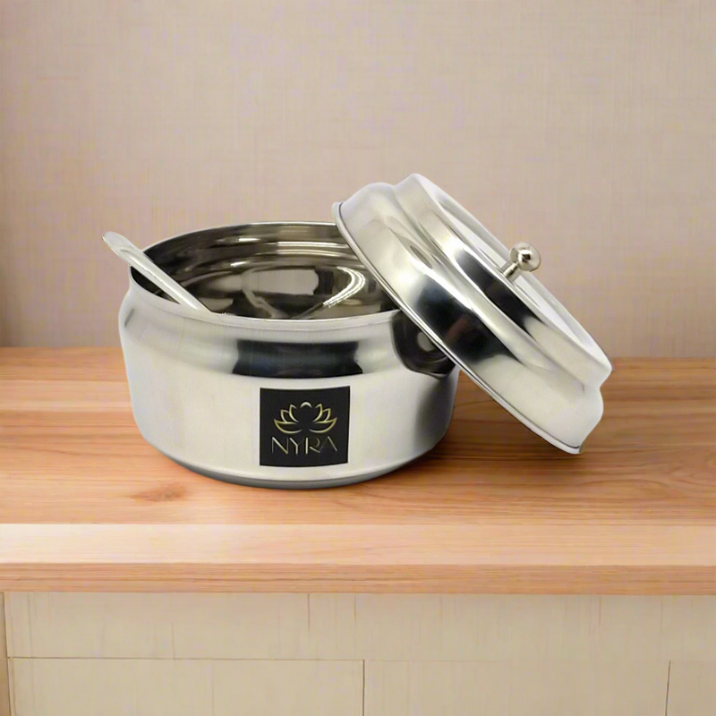 Stainless Steel Ghee/0il Pot Storage Container with Spoon – Cooking Spoon