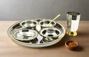 Stainless-Steel Two-Tone Thali Set with Brass detailing – Kitchen Utensil