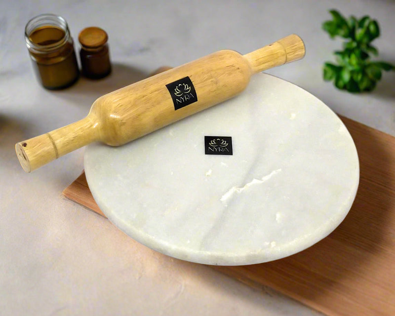 White Marble Chakla with Wooden Belan – Kitchen Utensil