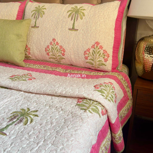 aenak-pink-royal-palm-handblock-printed-reversible-quilted-cotton-bedcover-105x108-set