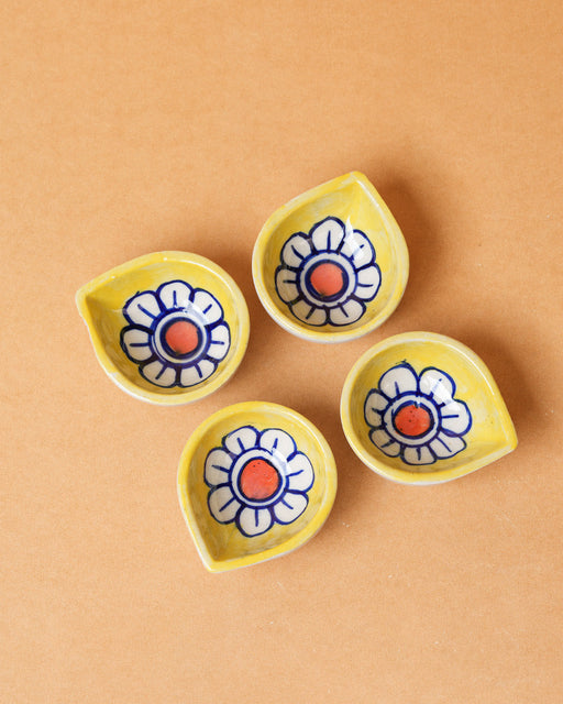 Nurture India Yellow Bloom Ceramic Diya s 4-Piece Set