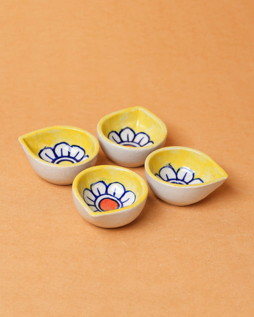 Nurture India Yellow Bloom Ceramic Diya s 4-Piece Set