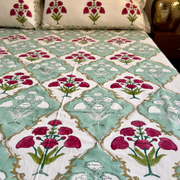 aenak-green-red-dahlia-handblock-printed-premium-cotton-fitted-bedsheet-set