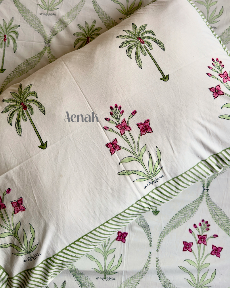aenak-green-palm-handblock-bedsheet-quilted-bedcover-combo-set