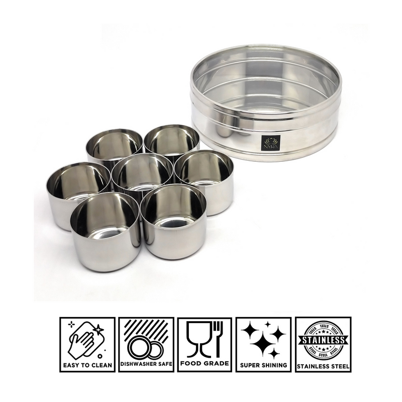 Nyra Stainless Steel Masaldani/Spice Box With See-Through Lid with 7 storing bowls – Serving Bowl
