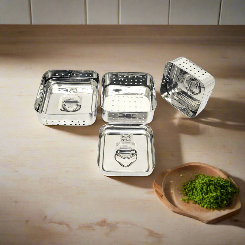  Stainless Steel Square Paneer Maker Set | Mould & Strainer with Top Press Lid