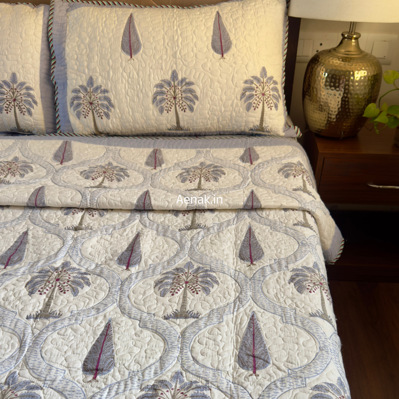 aenak-blue-palm-jaal-handblock-bedsheet-quilted-bedcover-combo-set