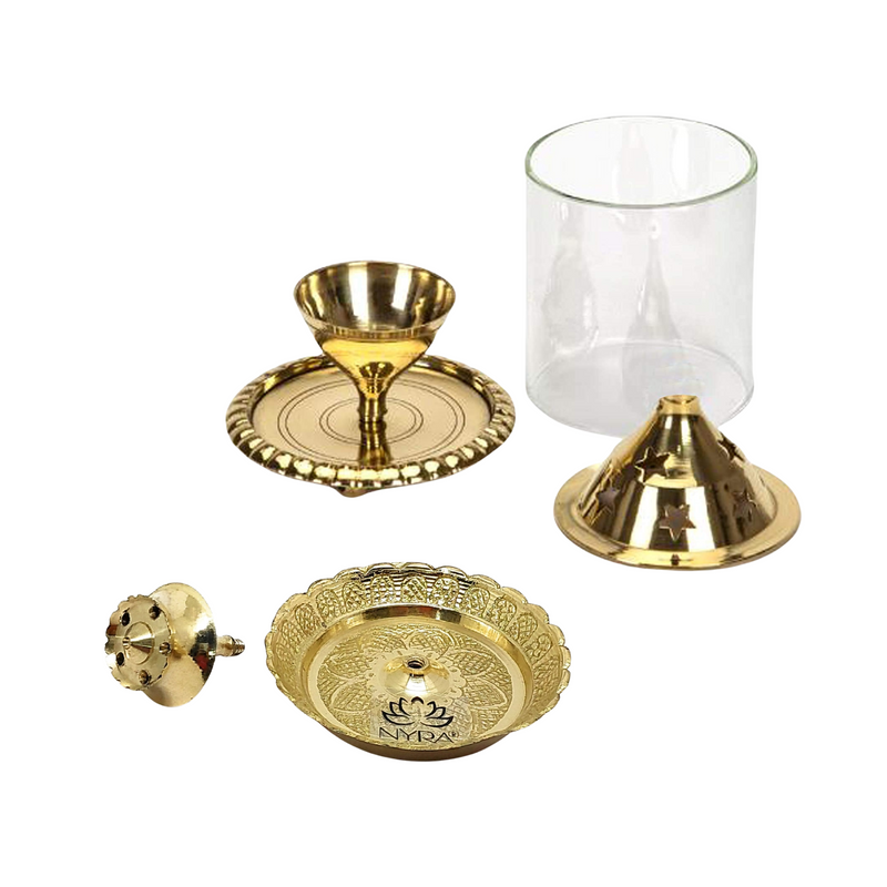 Brass Akhand Jyoti Diya with Borosiliate Glass Cover and Agarbatti stand Set/Combo – Drinking Tumbler