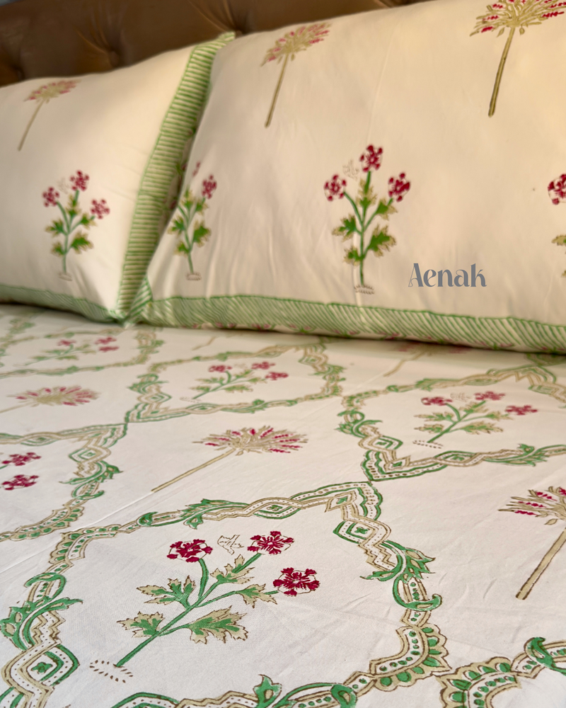 aenak-pink-palm-jaal-handblock-bedsheet-dohar-combo-set