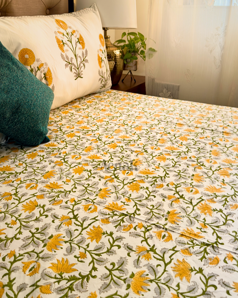 aenak-yellow-marigold-handblock-printed-premium-cotton-bedsheet-set