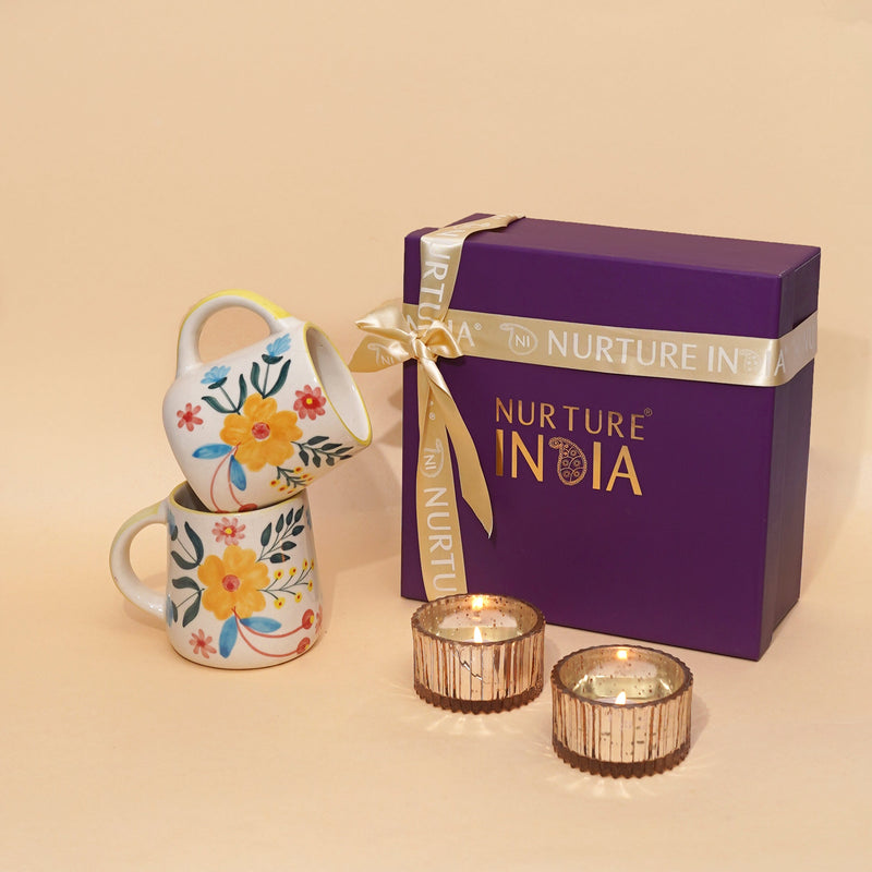 Nurture India Floral Mugs Two Tealight Gift Box 2-Piece Set
