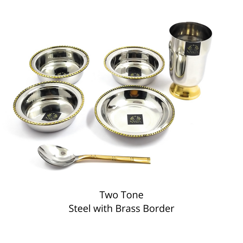 Stainless-Steel Two-Tone Thali Set with Brass detailing – Kitchen Utensil