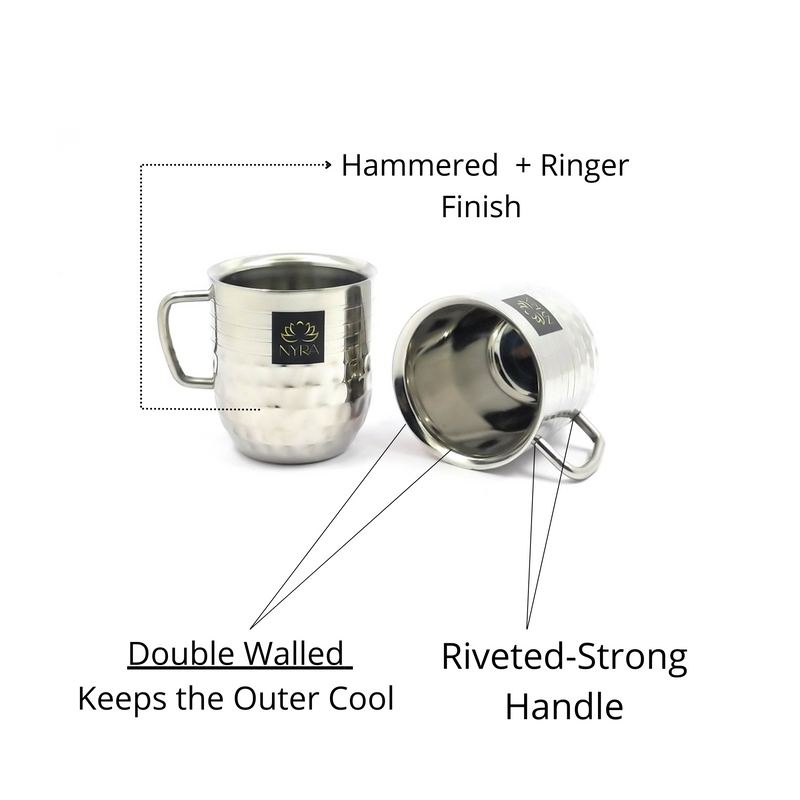 Stainless-Steel Cups with Glossy Finish/Hammered and Ringer Design Mugs – Kitchen Utensil