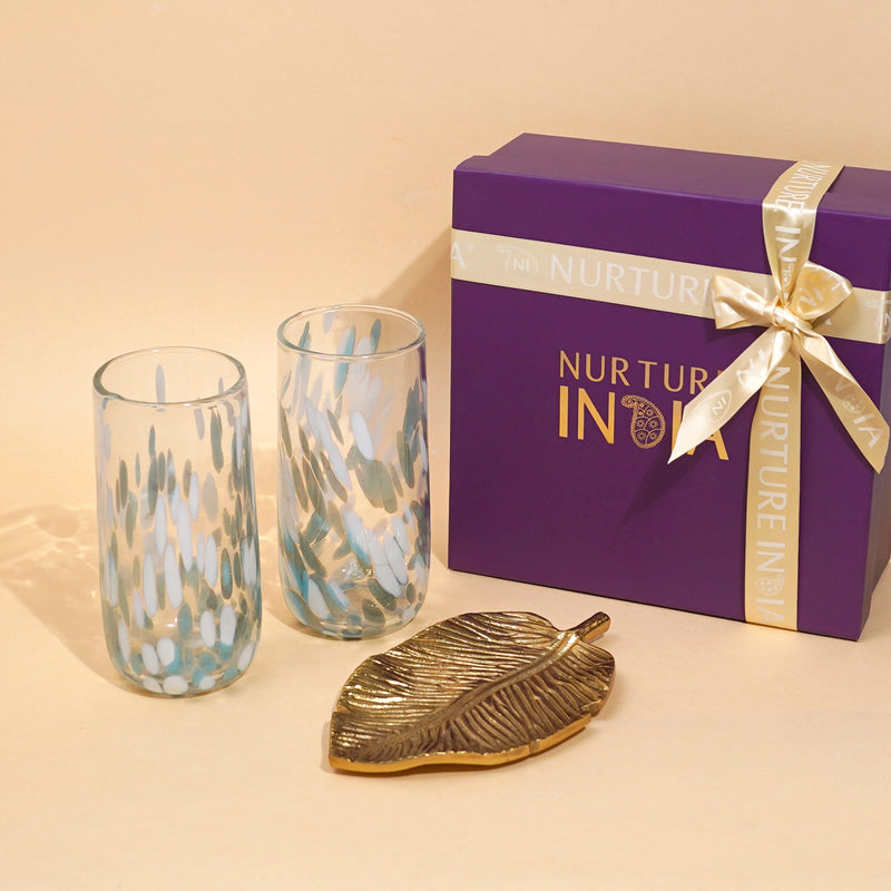 Nurture India Highball Glasses Gift Box Aqua Trinket Dish