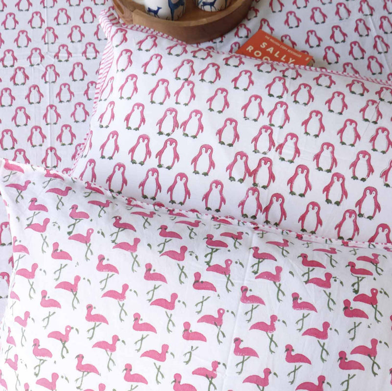 local-kala-pink-penguin-handblock-bedsheet-108x108-inches