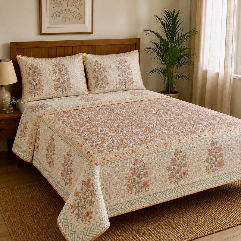 aenak-peach-floral-jaal-handblock-printed-reversible-quilted-bedcover-set