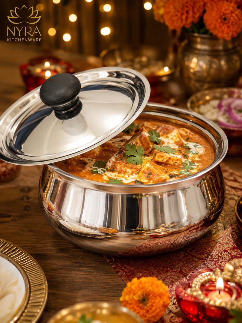 nyra-kitchenware-stainless-steel-serving-handi-with-lid-glossy-mirror-finish-serving-pot-curry-gravy-dal-sabzi-rice-biryani-serving-bowl-easy-grip-knob