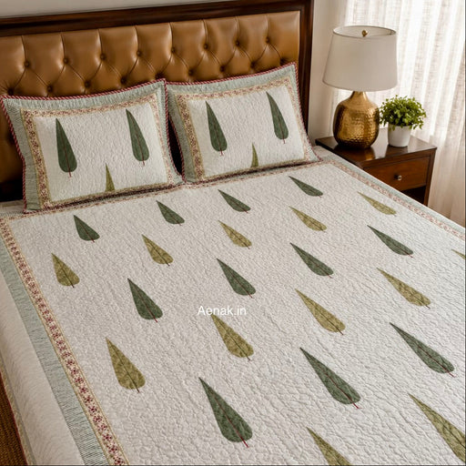 aenak-green-cypress-handblock-bedsheet-quilted-bedcover-combo-set