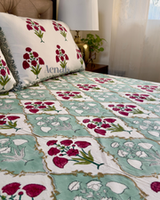 aenak-green-red-dahlia-handblock-printed-premium-cotton-fitted-bedsheet-set