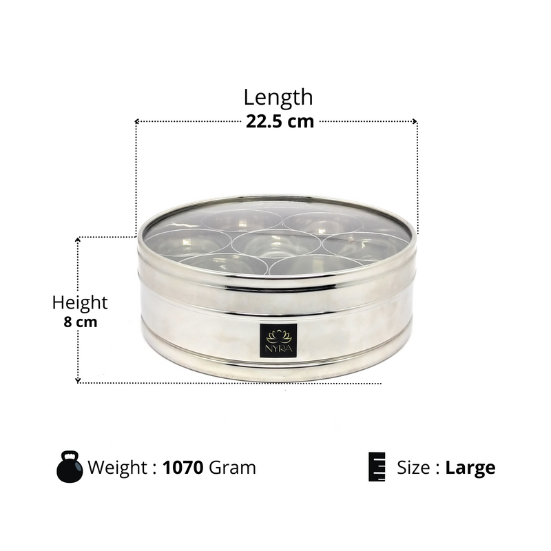 Nyra Stainless Steel Masaldani/Spice Box With See-Through Lid with 7 storing bowls – Serving Bowl