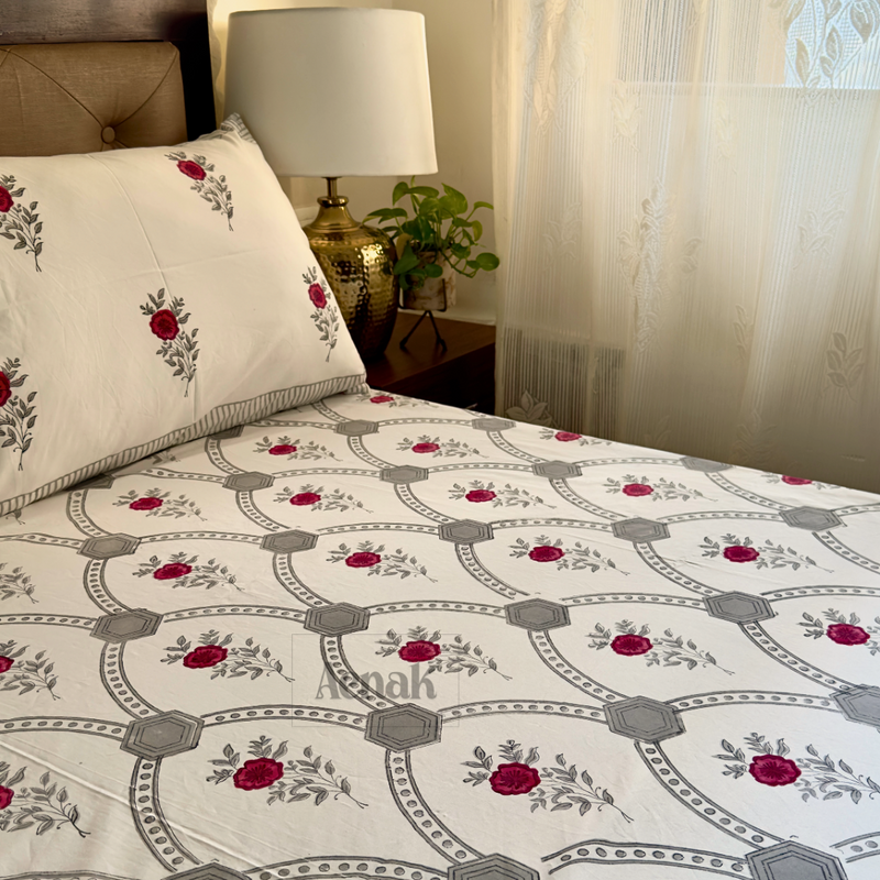aenak-grey-jaal-handblock-printed-premium-cotton-fitted-bedsheet-set