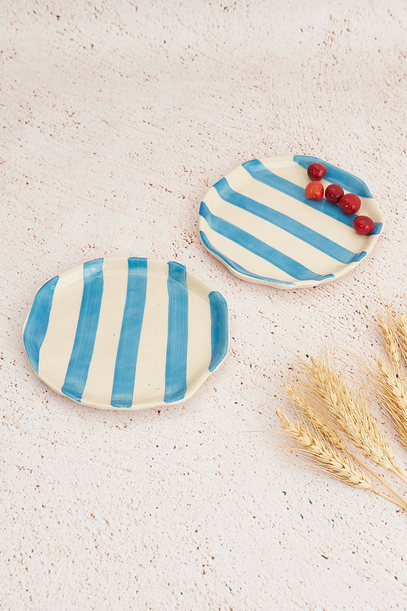 Nurture India Sky Blue Stripe Ceramic Plates 2-Piece Set