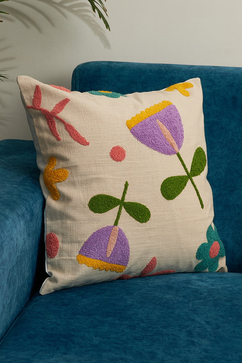 Nurture India Lavendar Fields Tufted Cushion Cover 16x 16-Inch