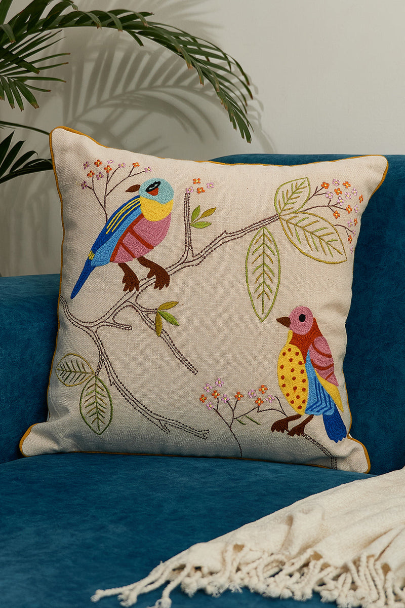 Nurture India on Branch Embroidered Cushion Cover 16x 16-Inch