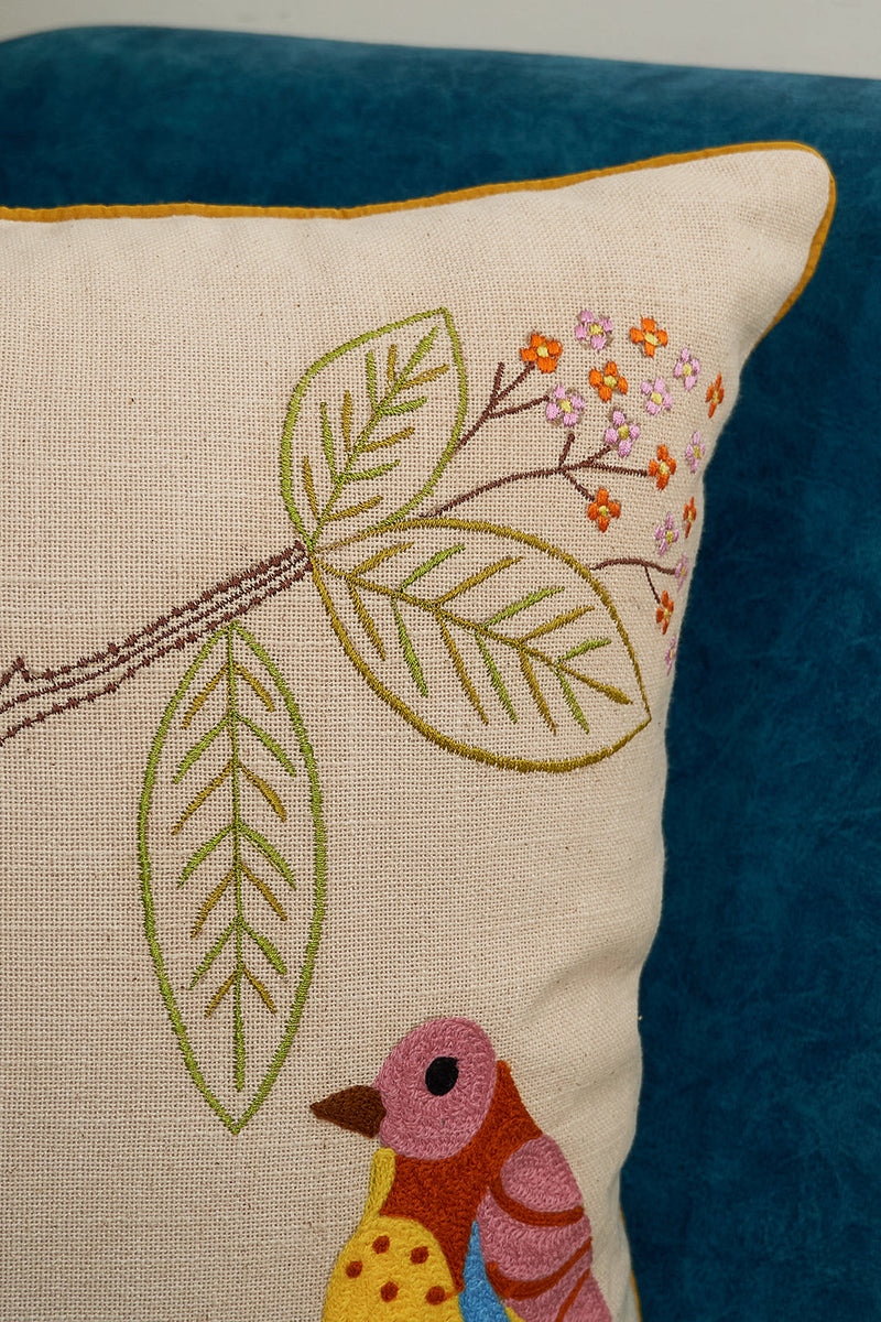 Nurture India on Branch Embroidered Cushion Cover 16x 16-Inch