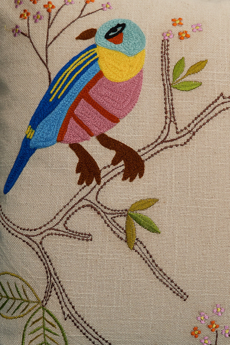 Nurture India on Branch Embroidered Cushion Cover 16x 16-Inch