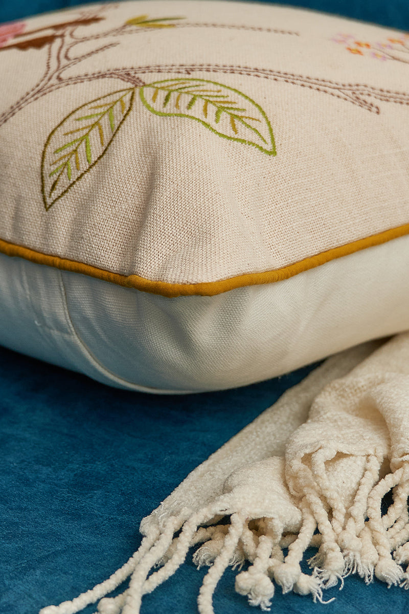 Nurture India on Branch Embroidered Cushion Cover 16x 16-Inch