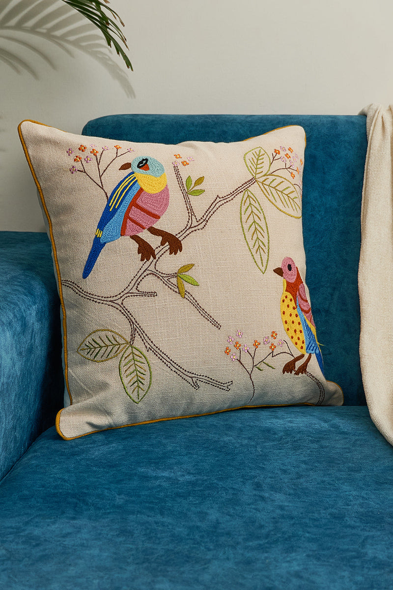 Nurture India on Branch Embroidered Cushion Cover 16x 16-Inch