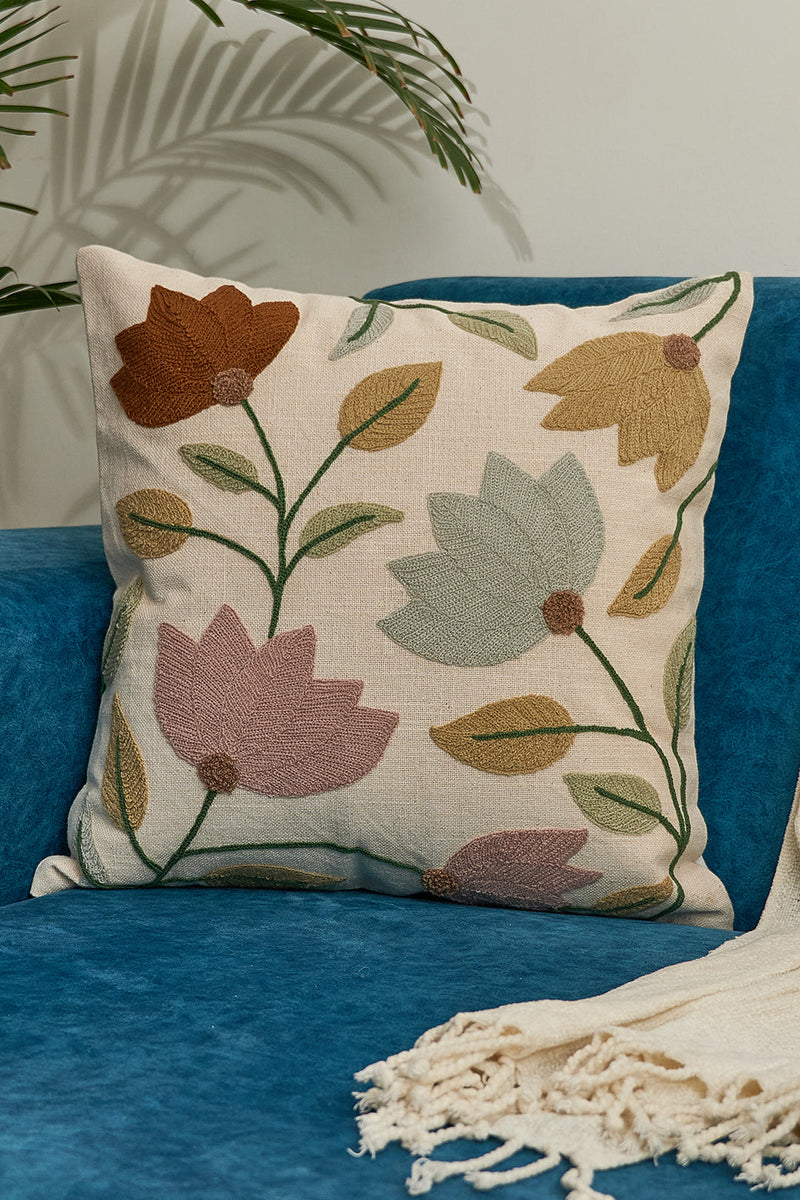 Nurture India Lotus Flower Embroidered Cushion Cover 16x 16-Inch