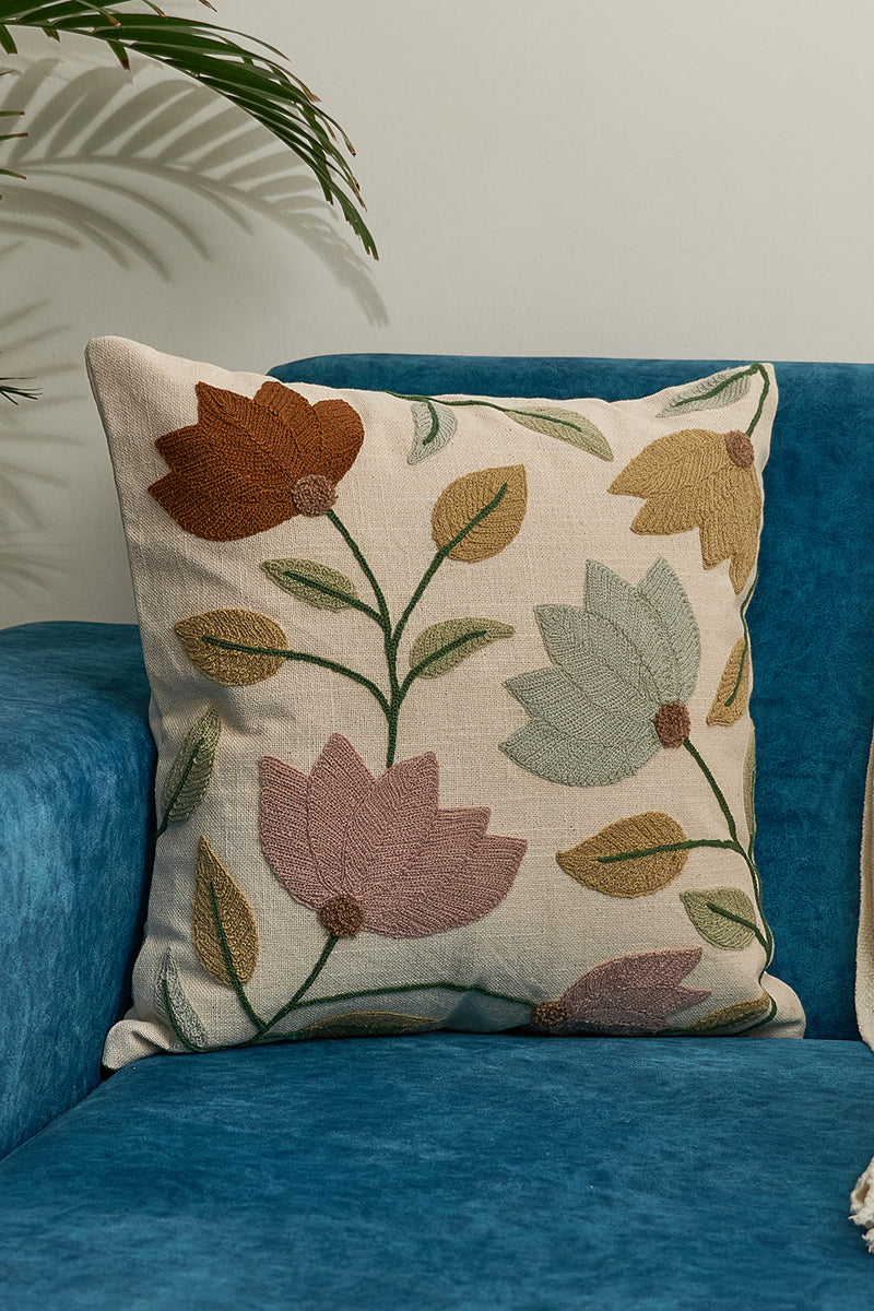 Nurture India Lotus Flower Embroidered Cushion Cover 16x 16-Inch