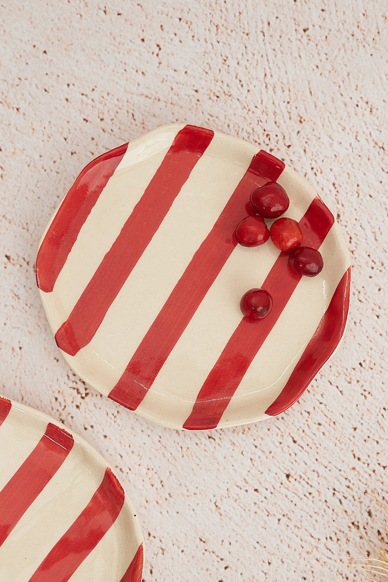 Nurture India Vintage Red Stripe Ceramic Plates 2-Piece Set