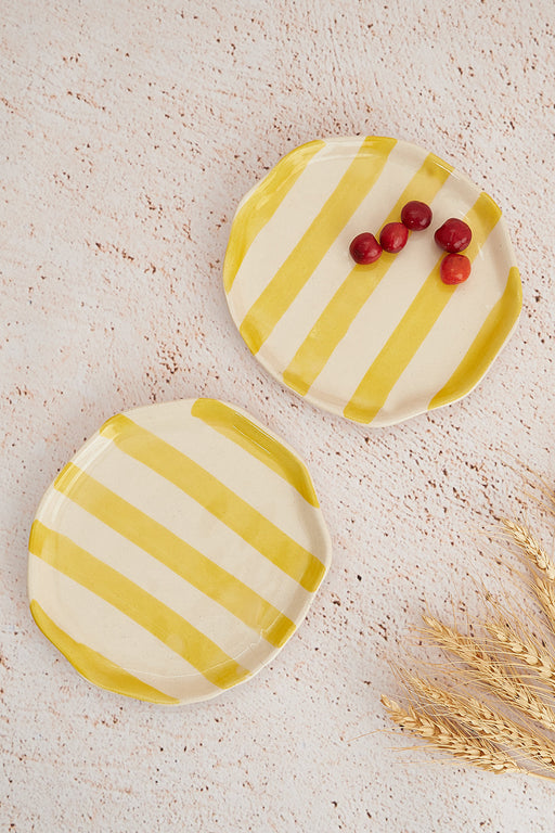 Nurture India Pastel Yellow Stripe Ceramic Plate 2-Piece Set