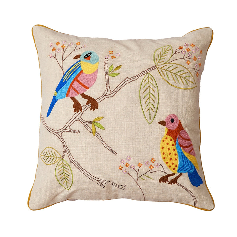 Nurture India on Branch Embroidered Cushion Cover 16x 16-Inch