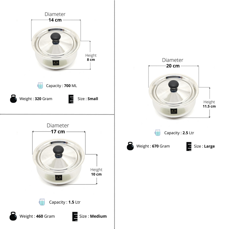 Stainless Steel Pulao Handi with Lid and PVC Knob (Set of 3) – Cooking Handi