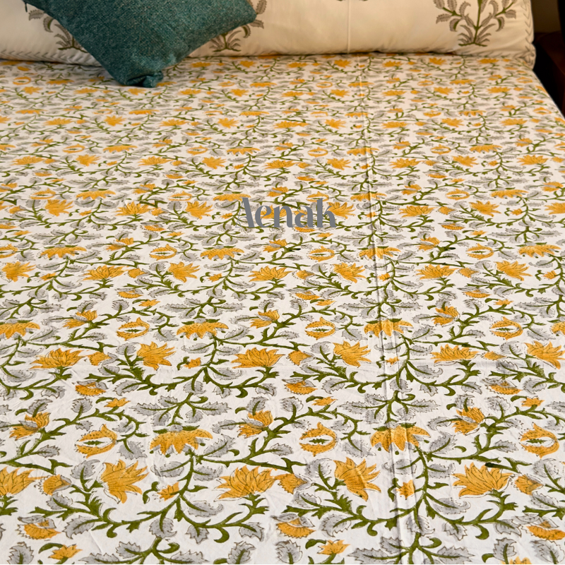 aenak-yellow-marigold-handblock-printed-premium-cotton-bedsheet-set